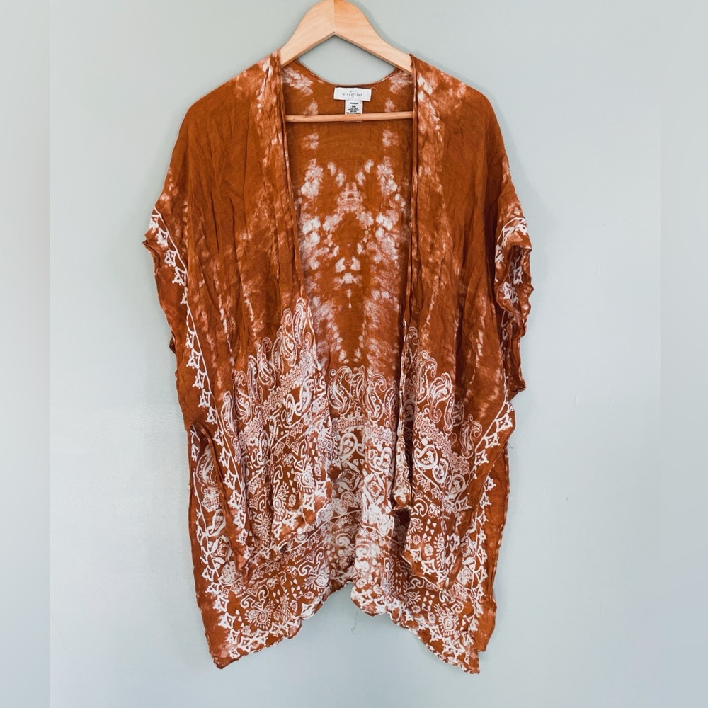 New Directions Rust Orange Hippie Boho Tie Dye Kimono Cover Up One Size